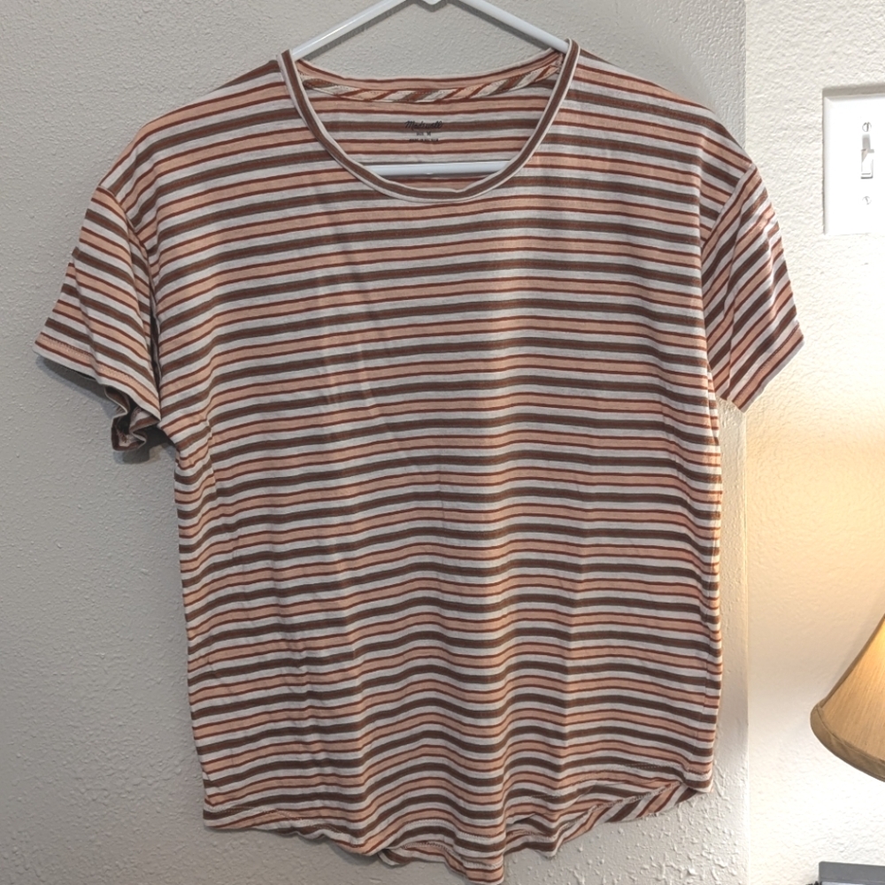 Madewell striped T shirt women's size M orange rust white burnt orange